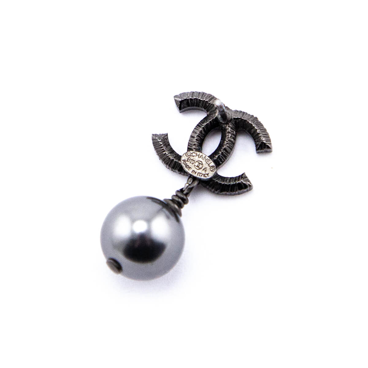 Chanel Gray Faux Pearl & Strass CC Drop Earrings