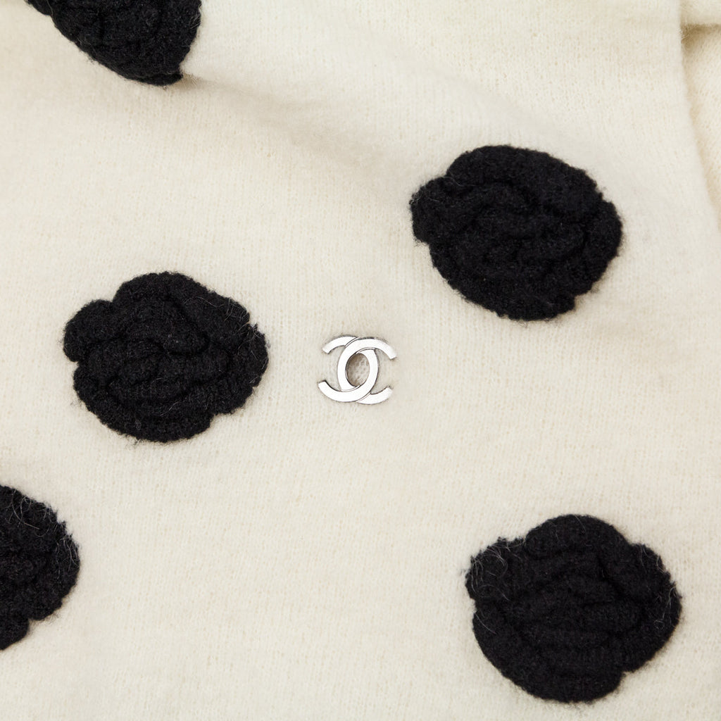 Chanel Ivory & Black Mohair Camellia Scarf
