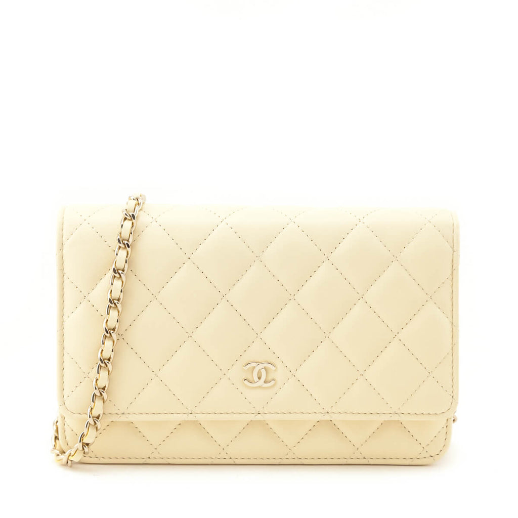 Chanel Light Yellow Lambskin Quilted Wallet On Chain