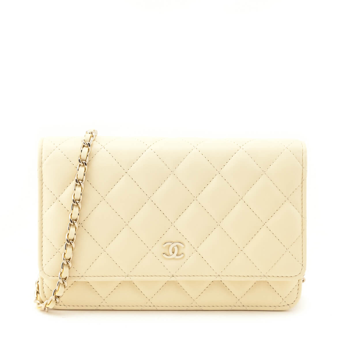 Chanel Light Yellow Lambskin Quilted Wallet On Chain