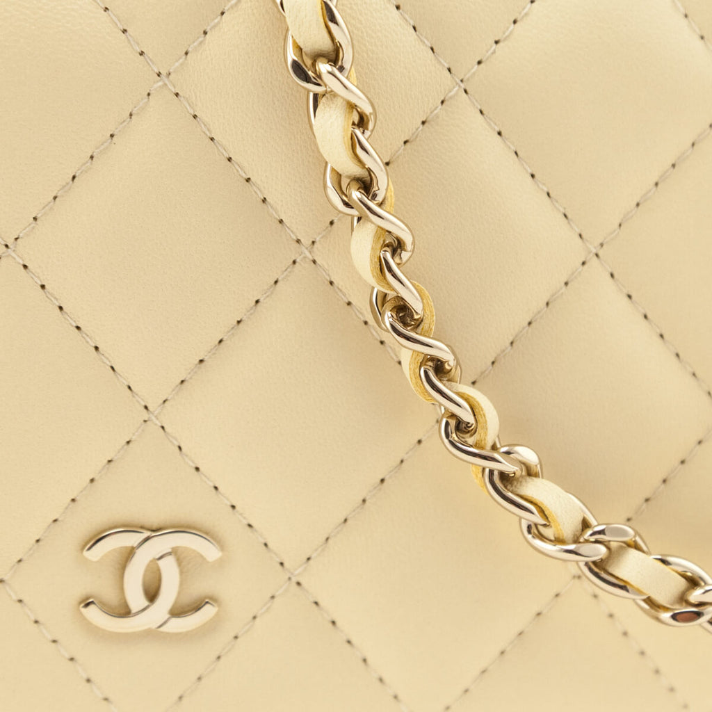 Chanel Light Yellow Lambskin Quilted Wallet On Chain