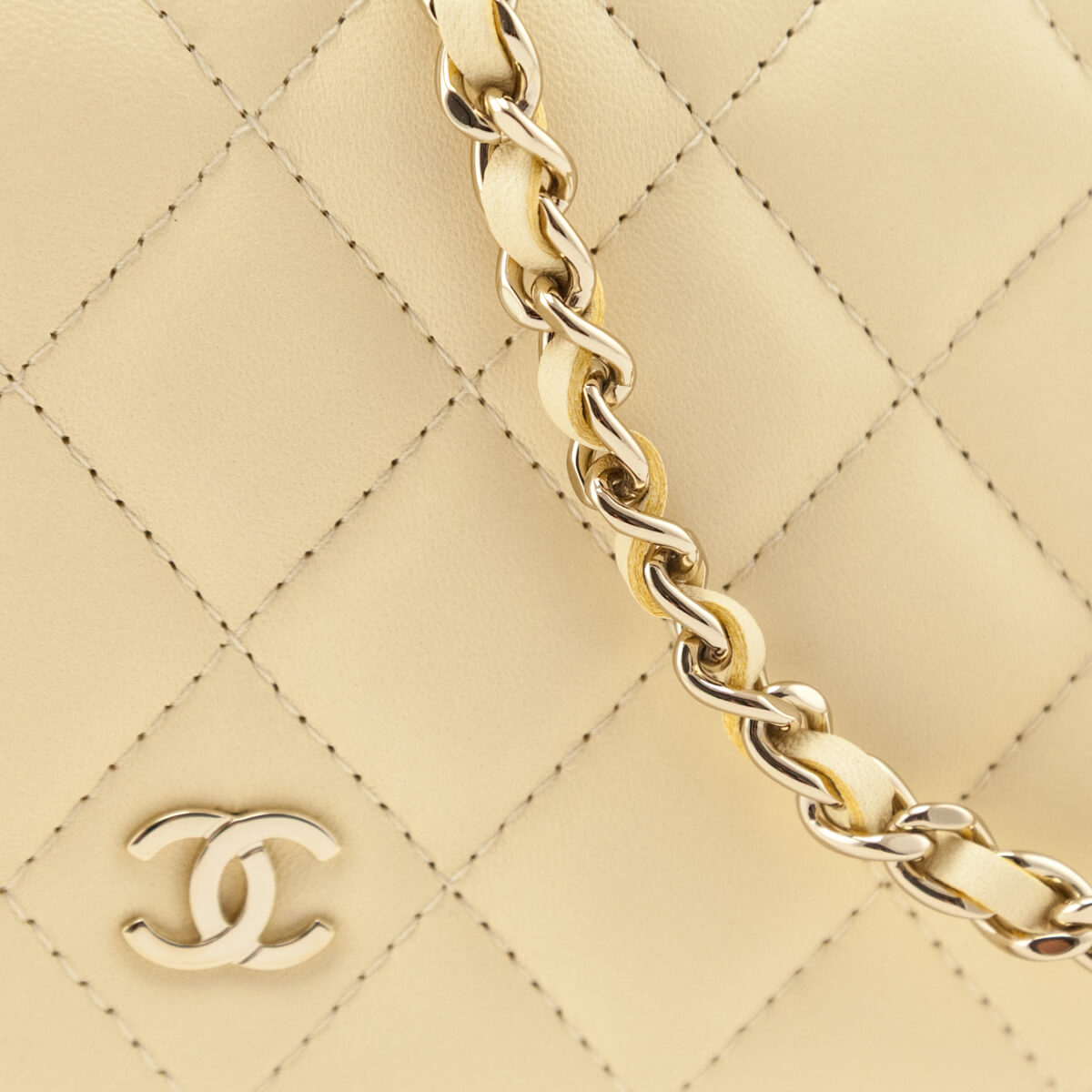 Chanel Light Yellow Lambskin Quilted Wallet On Chain