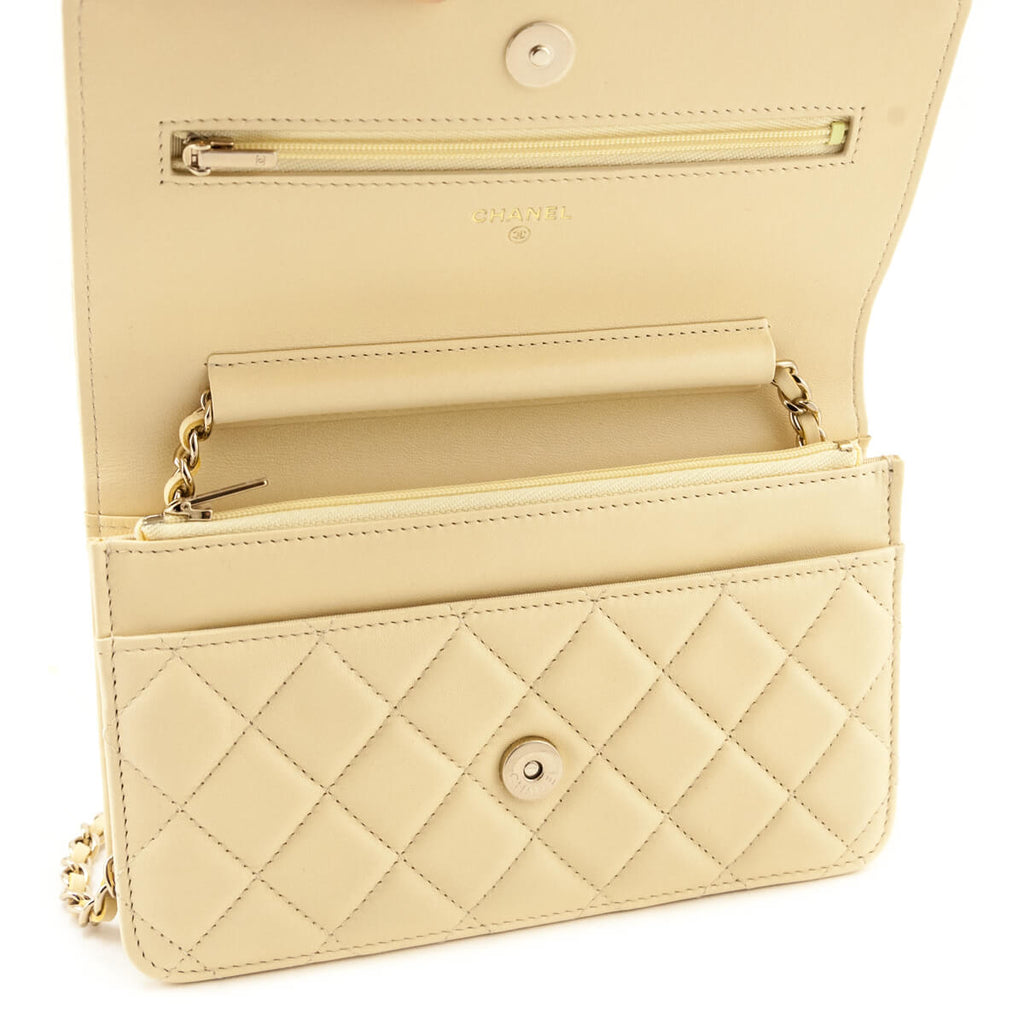 Chanel Light Yellow Lambskin Quilted Wallet On Chain