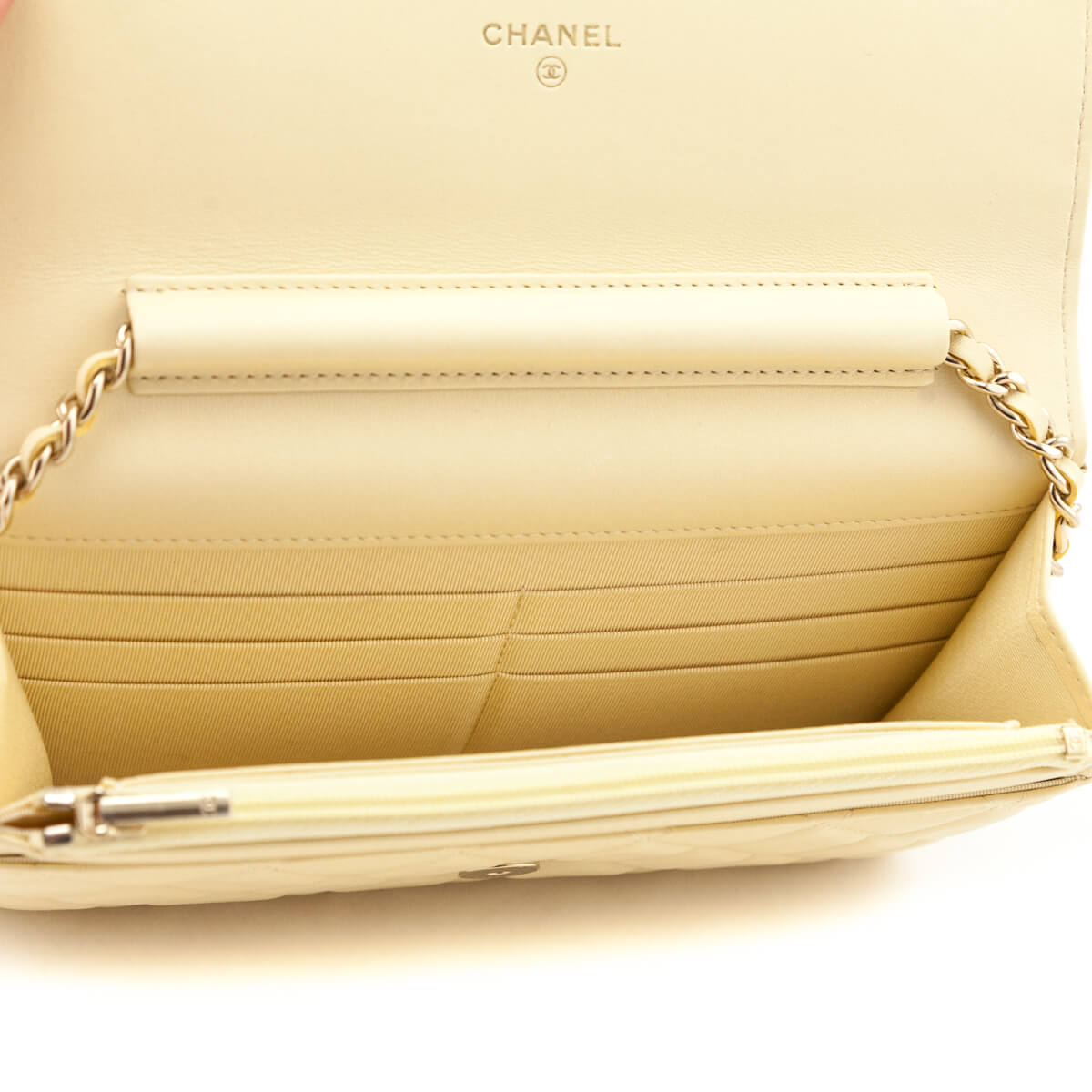 Chanel Light Yellow Lambskin Quilted Wallet On Chain