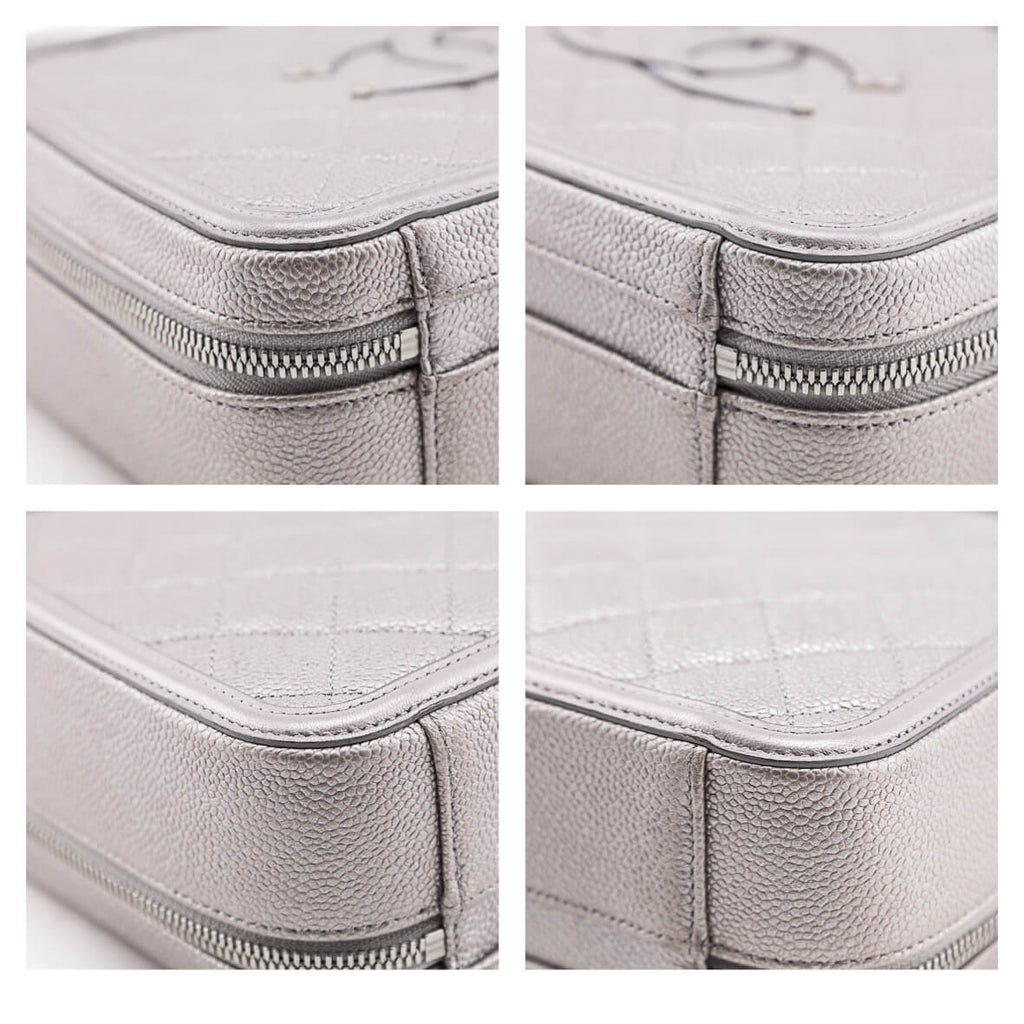 Chanel Metallic Silver Caviar Quilted Medium CC Filigree Vanity Case