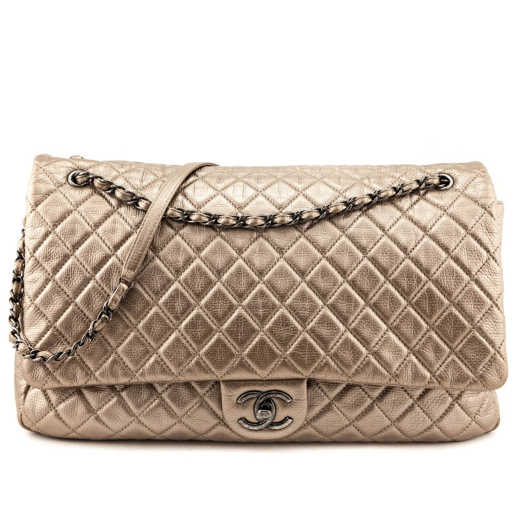 Chanel Pale Gold Metallic Calfskin Quilted XXL Travel Flap Bag