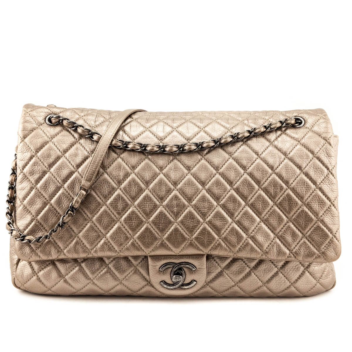 Chanel Pale Gold Metallic Calfskin Quilted XXL Travel Flap Bag
