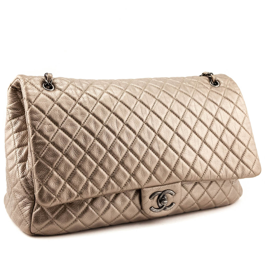 Chanel Pale Gold Metallic Calfskin Quilted XXL Travel Flap Bag