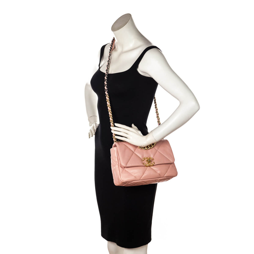 Chanel Pink Shiny Goatskin Quilted Medium Chanel 19 Flap Bag