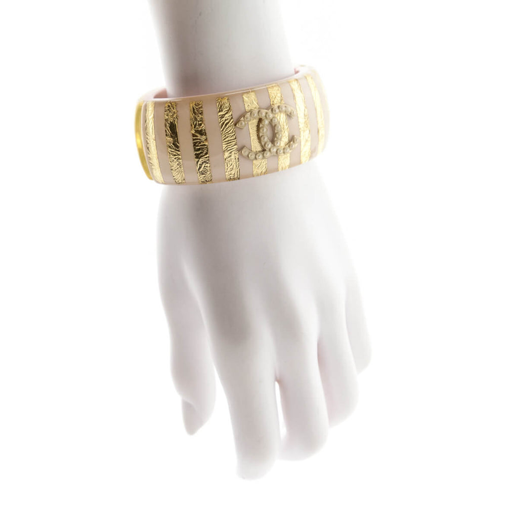 Chanel Pink & Gold Striped Resin & Faux Pearl CC Hinged Bracelet