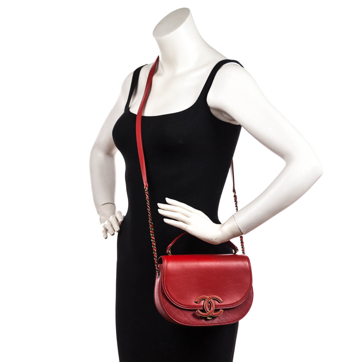 Chanel Red Shiny Calfskin & Quilted Goatskin Small Coco Curve Messenger Flap Bag
