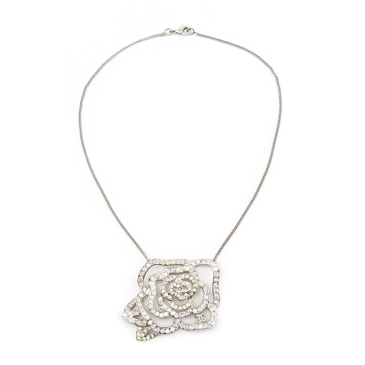 Chanel Silver Crystal Camellia Pendant Necklace