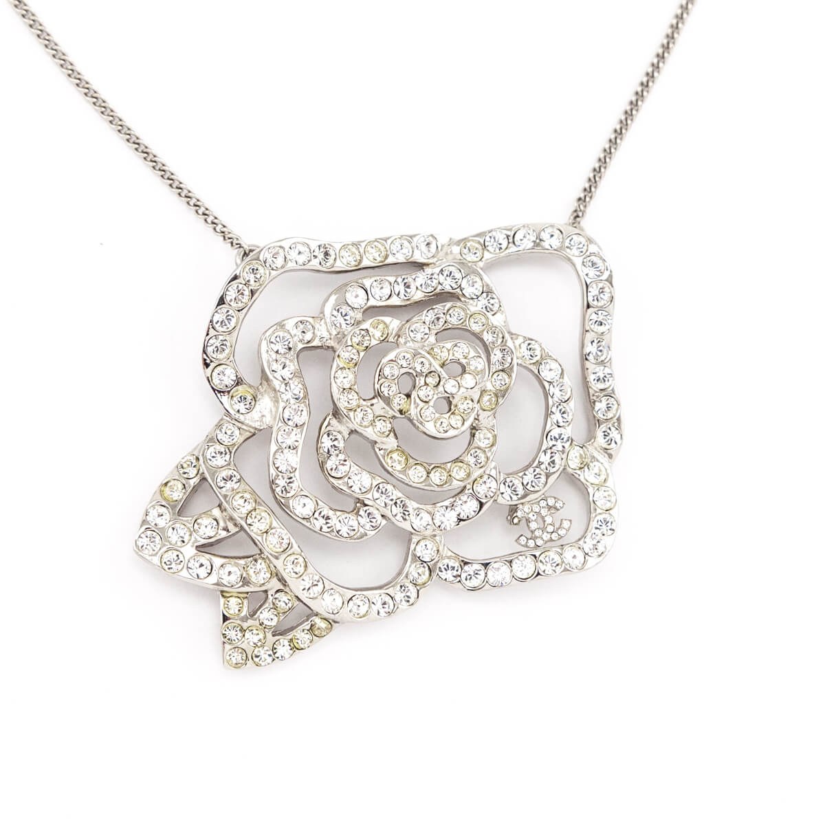 Chanel Silver Crystal Camellia Pendant Necklace