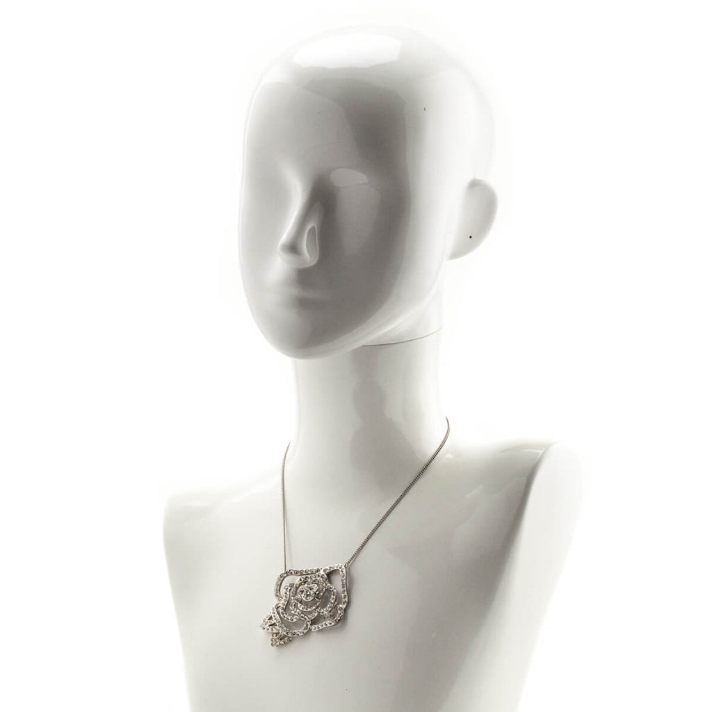 Chanel Silver Crystal Camellia Pendant Necklace