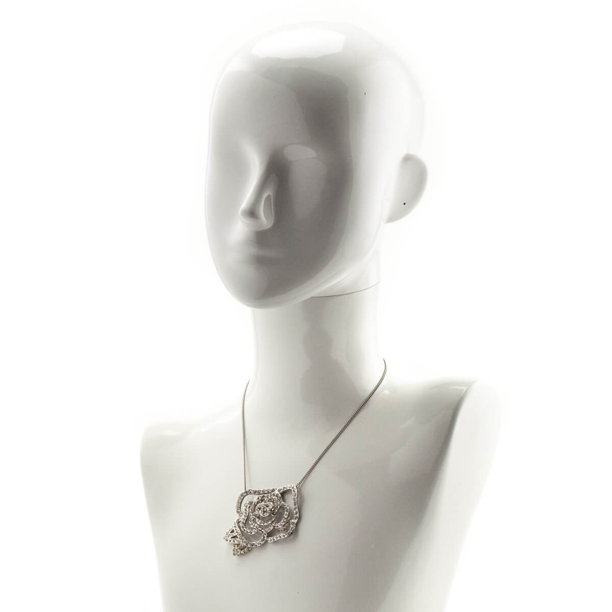 Chanel Silver Crystal Camellia Pendant Necklace