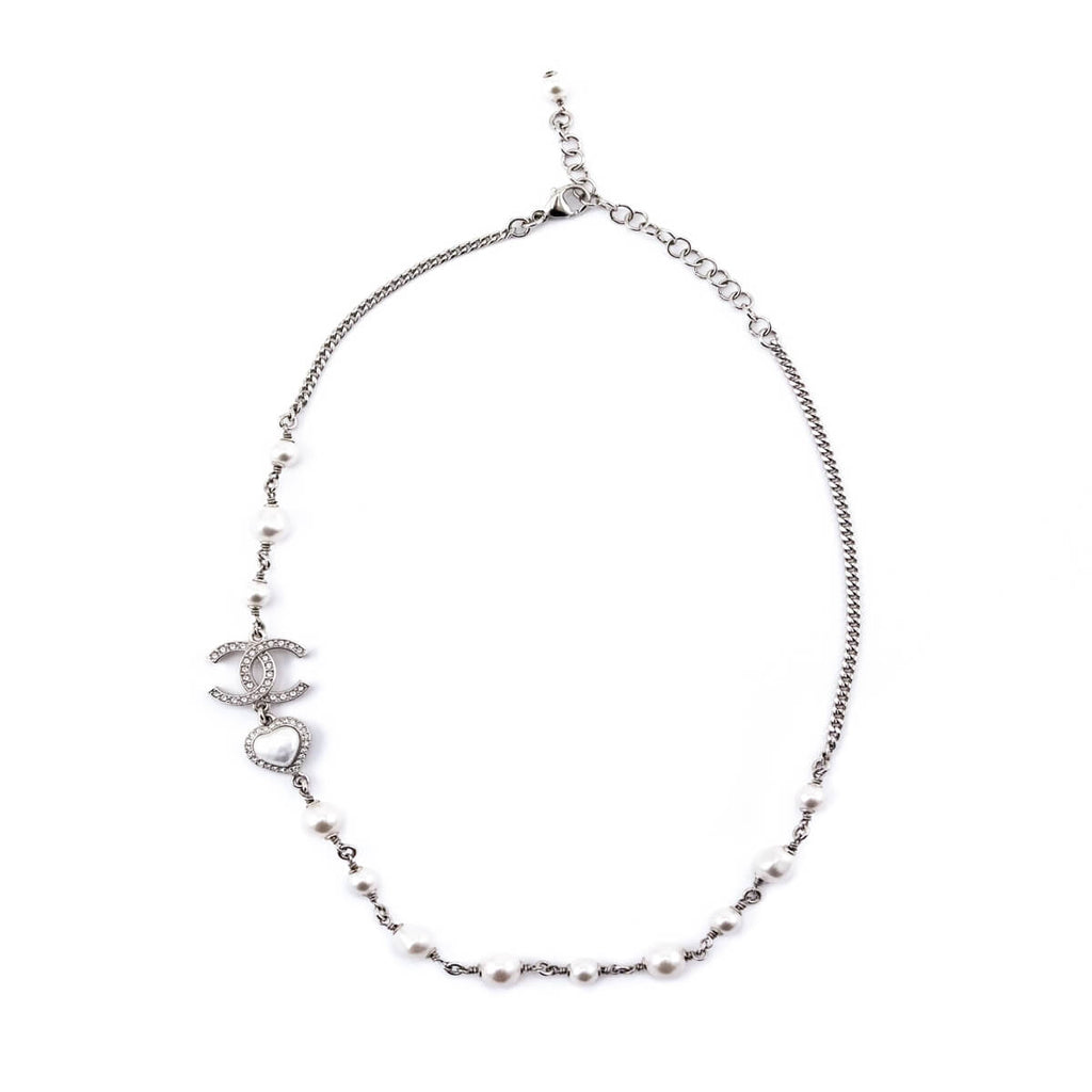 Chanel Silver Faux Pearl CC Necklace