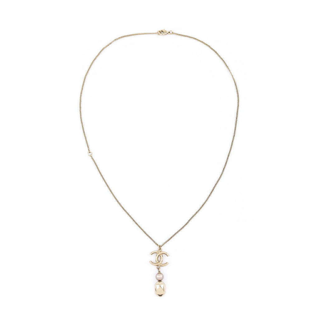 Chanel Gold-Tone Faux Pearl & CC Pendant Necklace