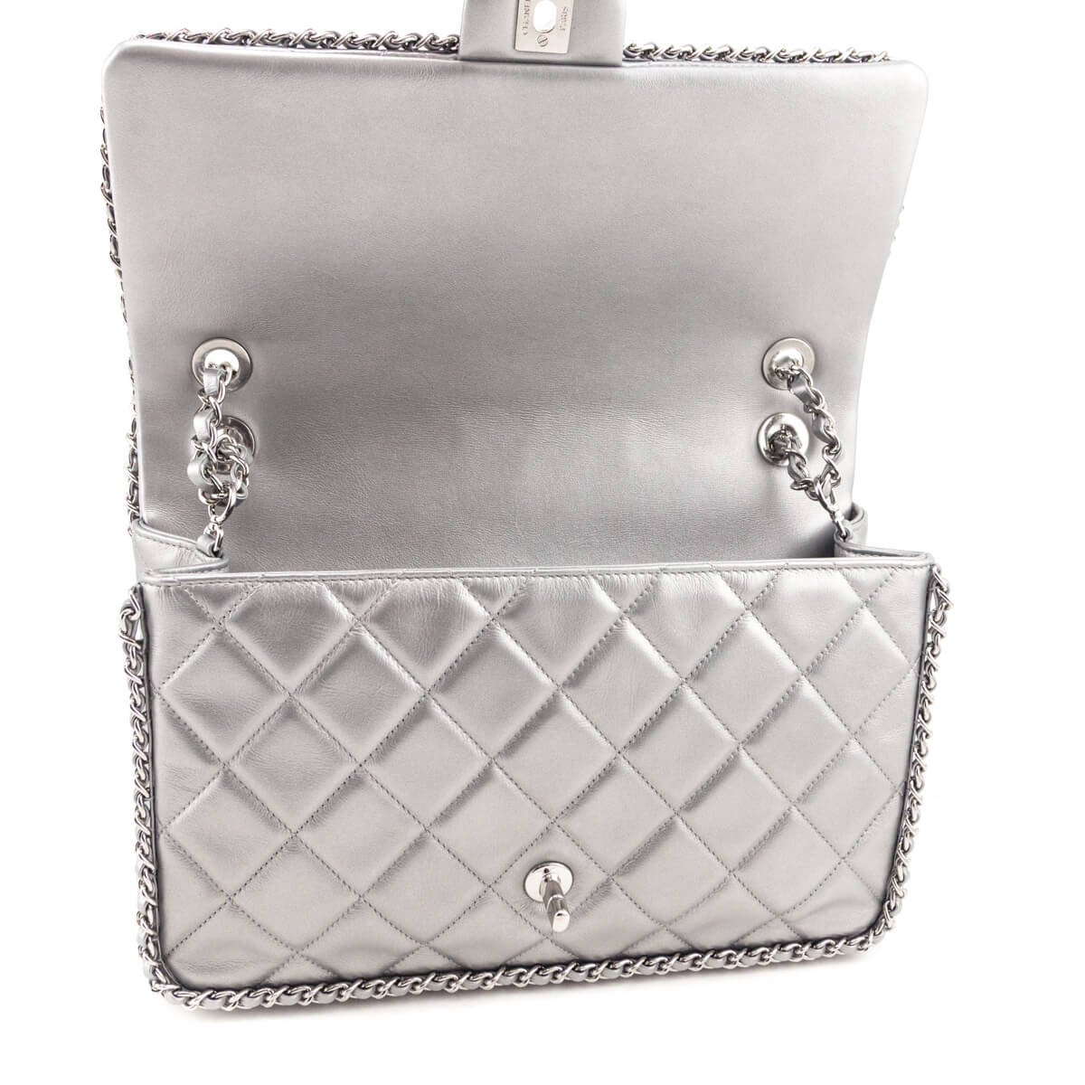 Chanel Silver Lambskin Quilted Large Chain All Over Flap Bag