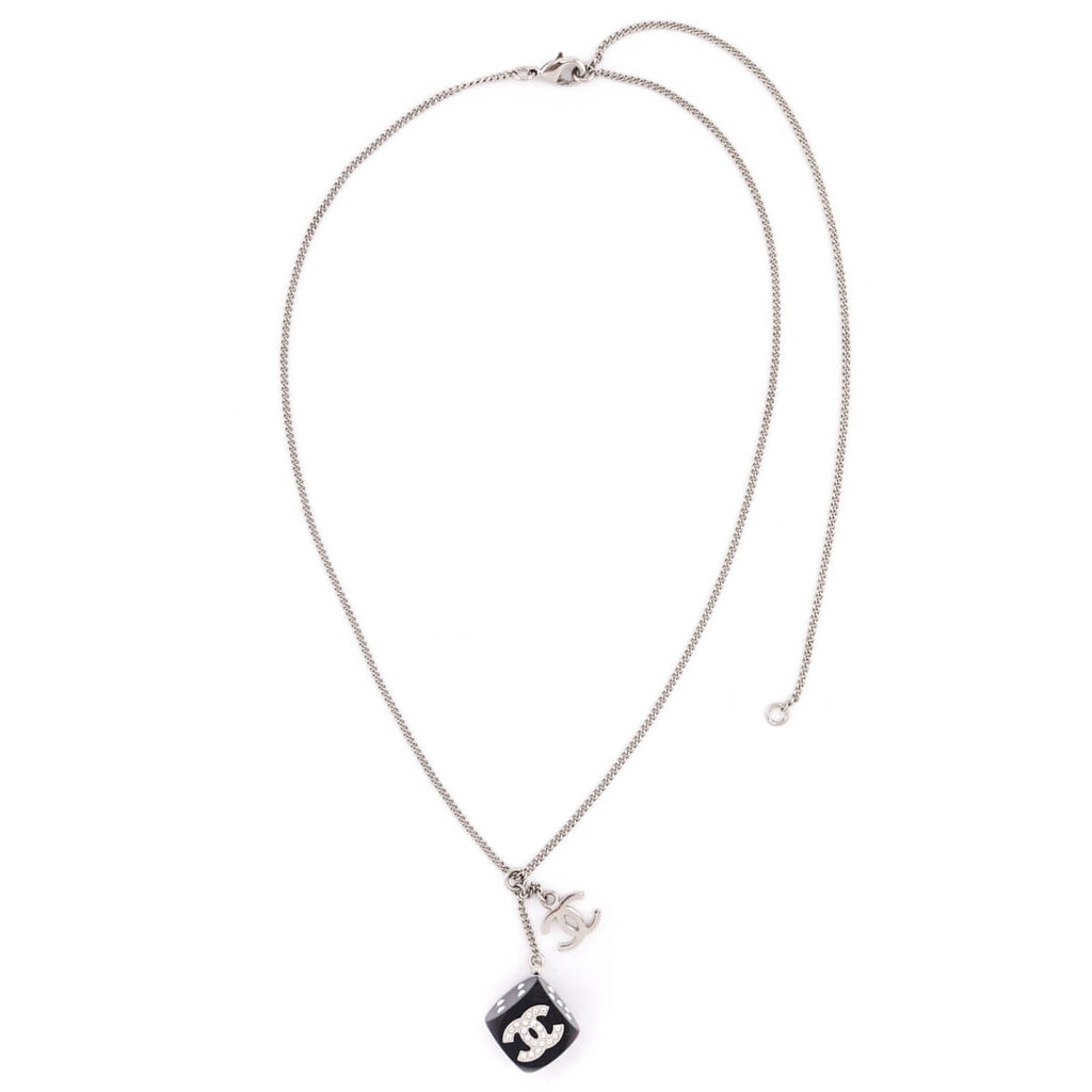 Chanel Silver & Black Crystal CC Dice Pendant Necklace