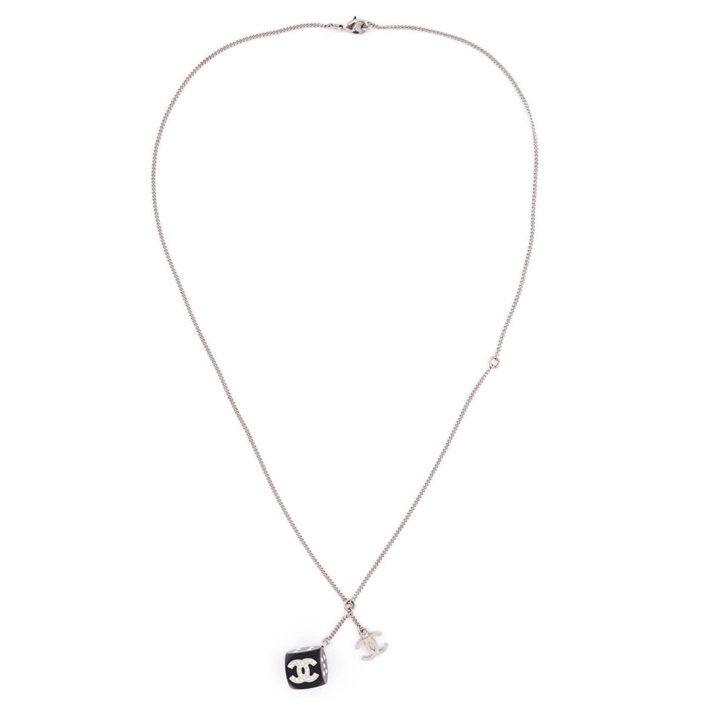 Chanel Silver & Black Crystal CC Dice Pendant Necklace
