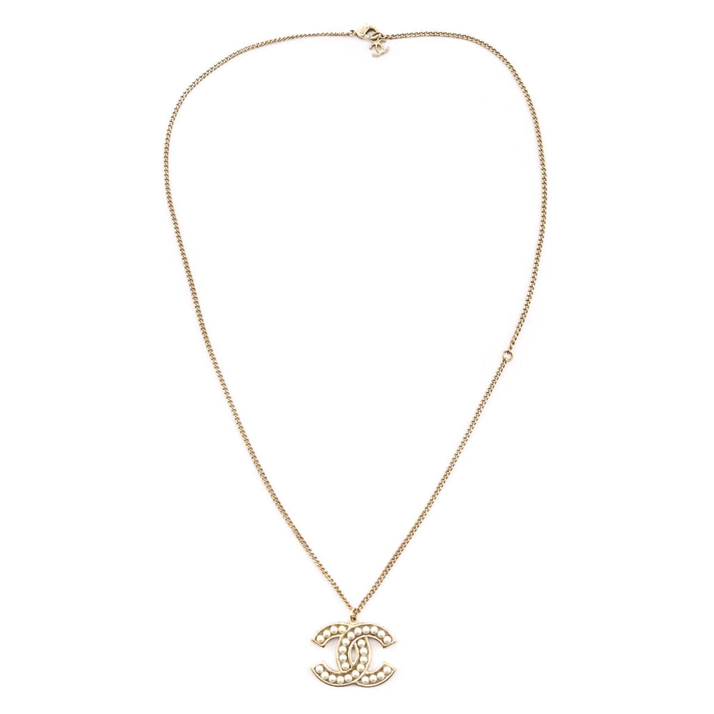 Chanel Pale Gold-Tone & Faux Pearl CC Pendant Necklace