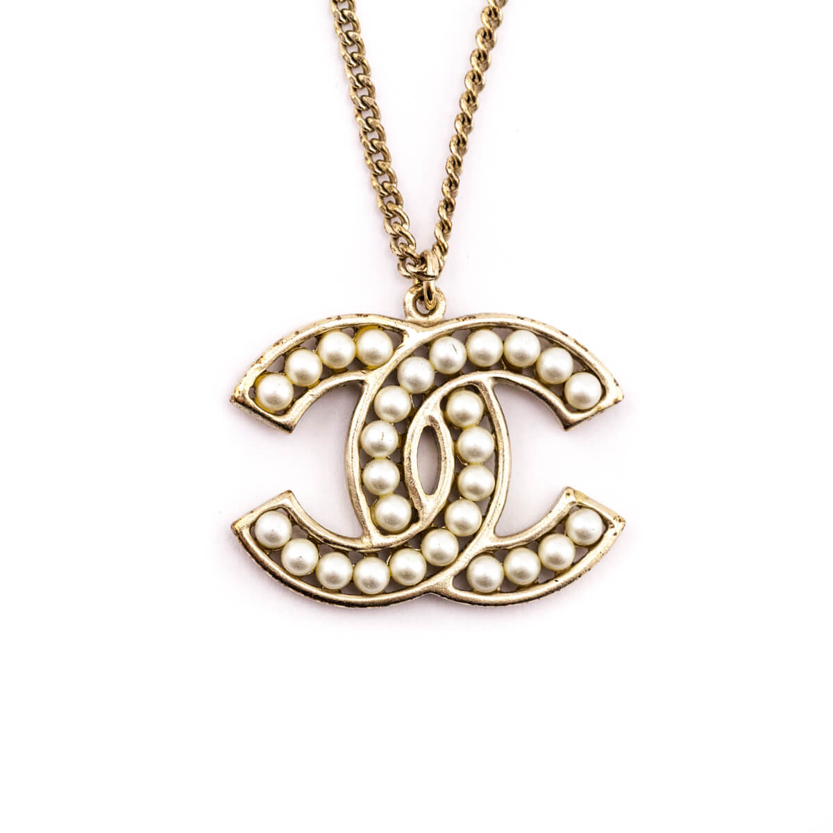 Chanel Pale Gold-Tone & Faux Pearl CC Pendant Necklace