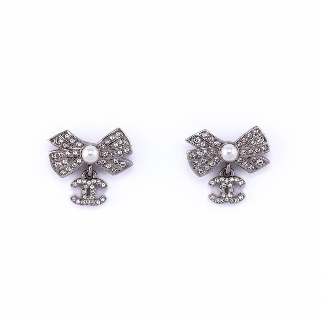 Chanel Strass & Faux Pearl Bow CC Drop Earrings