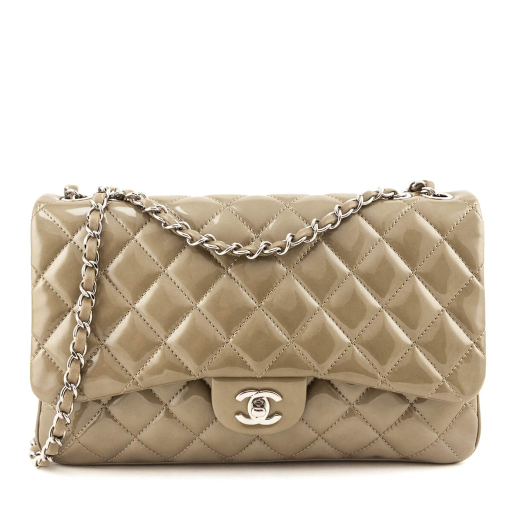 Chanel Taupe Patent Patent Quilted 3 Accordion Jumbo Flap Bag