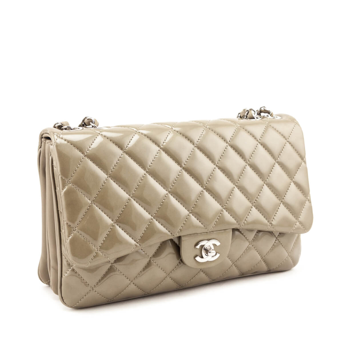 Chanel Taupe Patent Patent Quilted 3 Accordion Jumbo Flap Bag