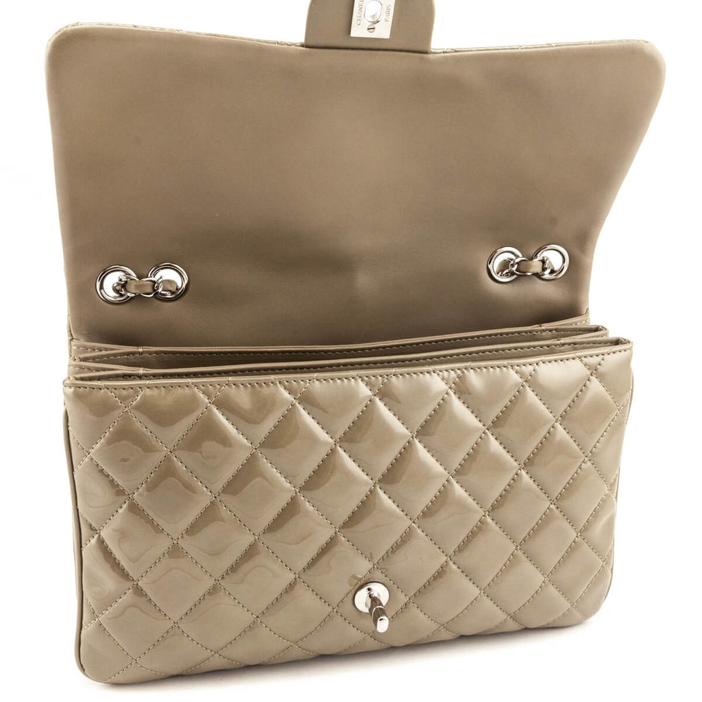 Chanel Taupe Patent Patent Quilted 3 Accordion Jumbo Flap Bag