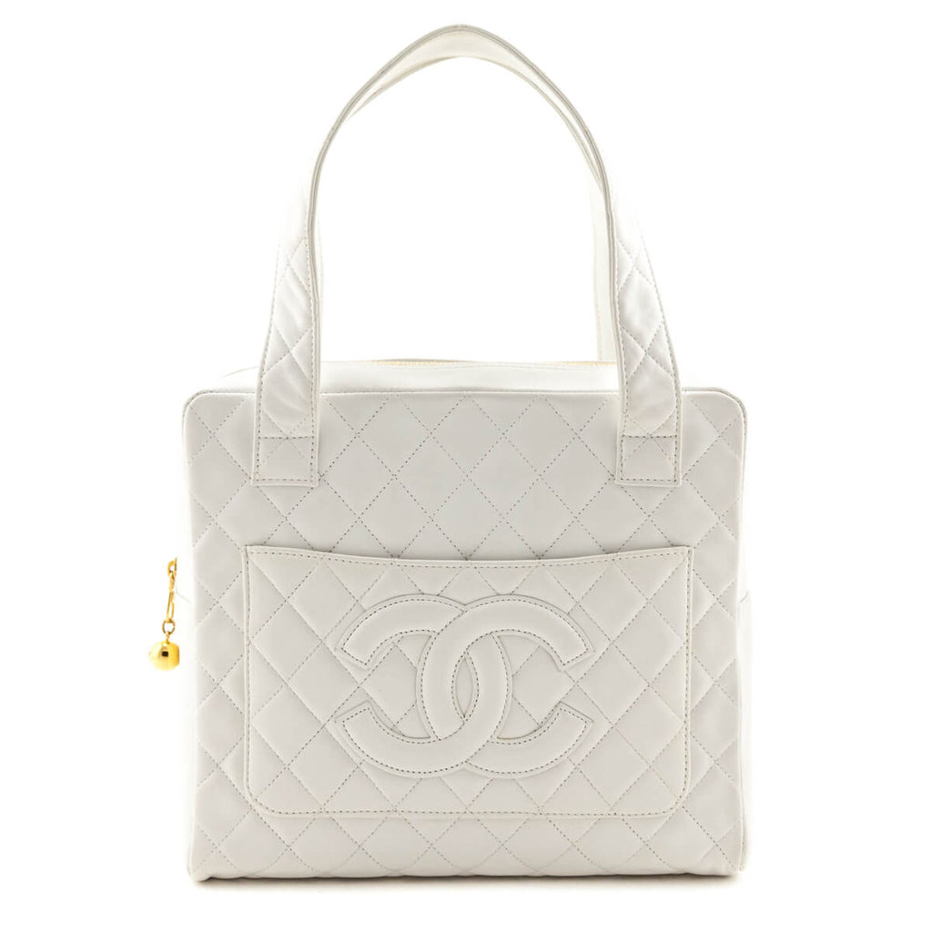 Chanel White Quilted Lambskin Vintage CC Tote Bag