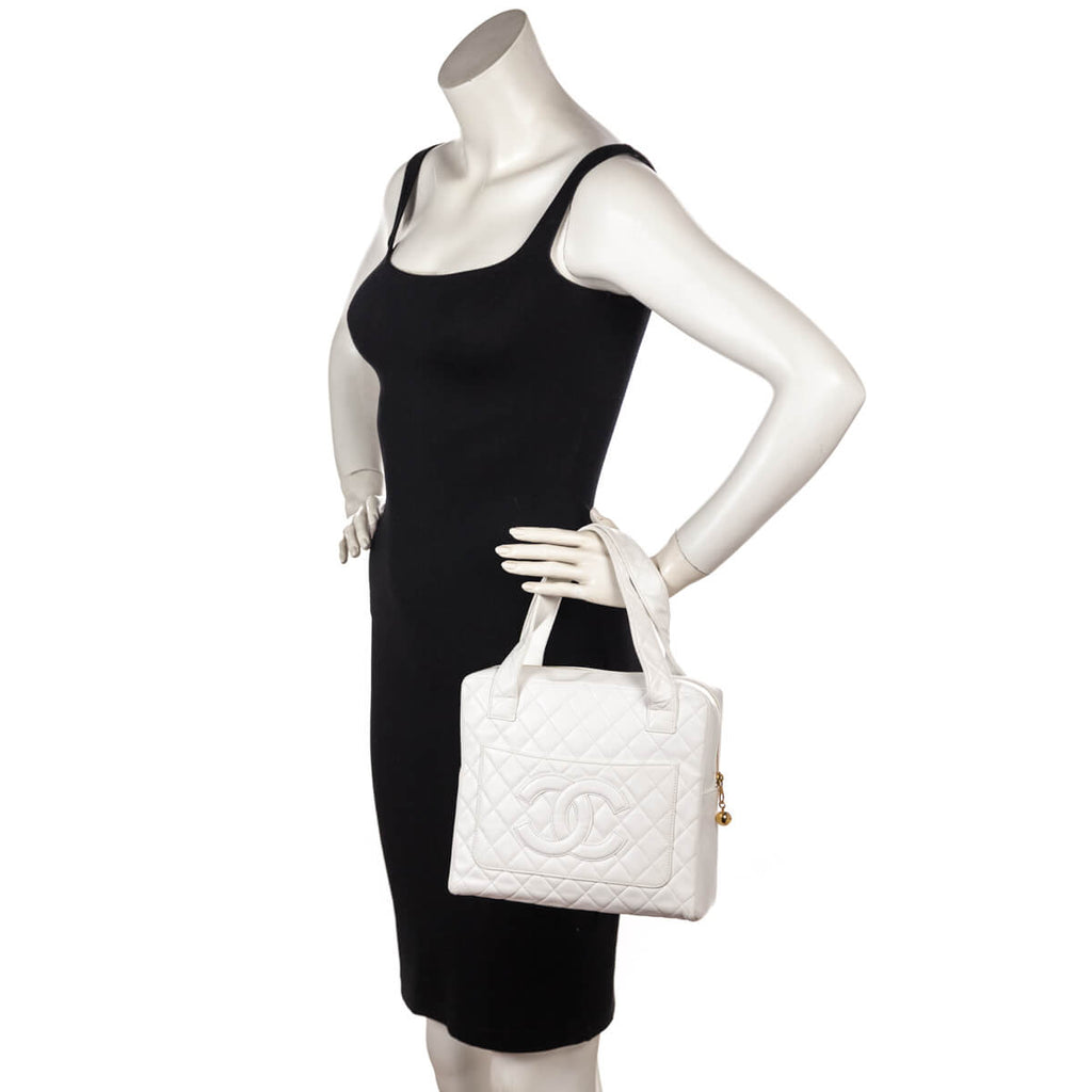 Chanel White Quilted Lambskin Vintage CC Tote Bag