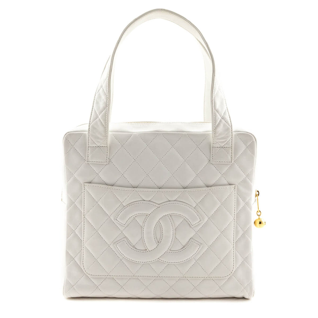 Chanel White Quilted Lambskin Vintage CC Tote Bag