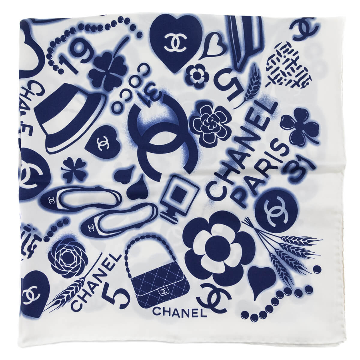Chanel White & Blue Silk CC Icon Scarf