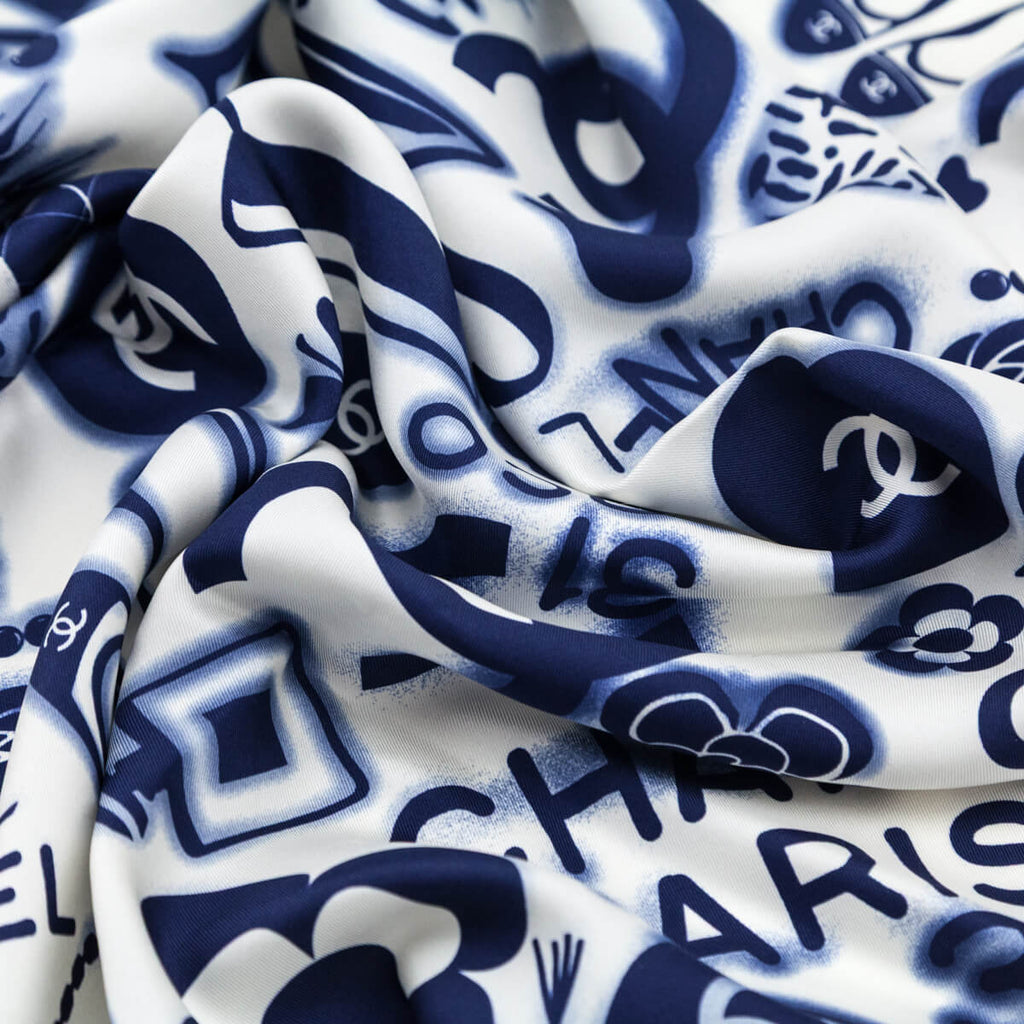 Chanel White & Blue Silk CC Icon Scarf
