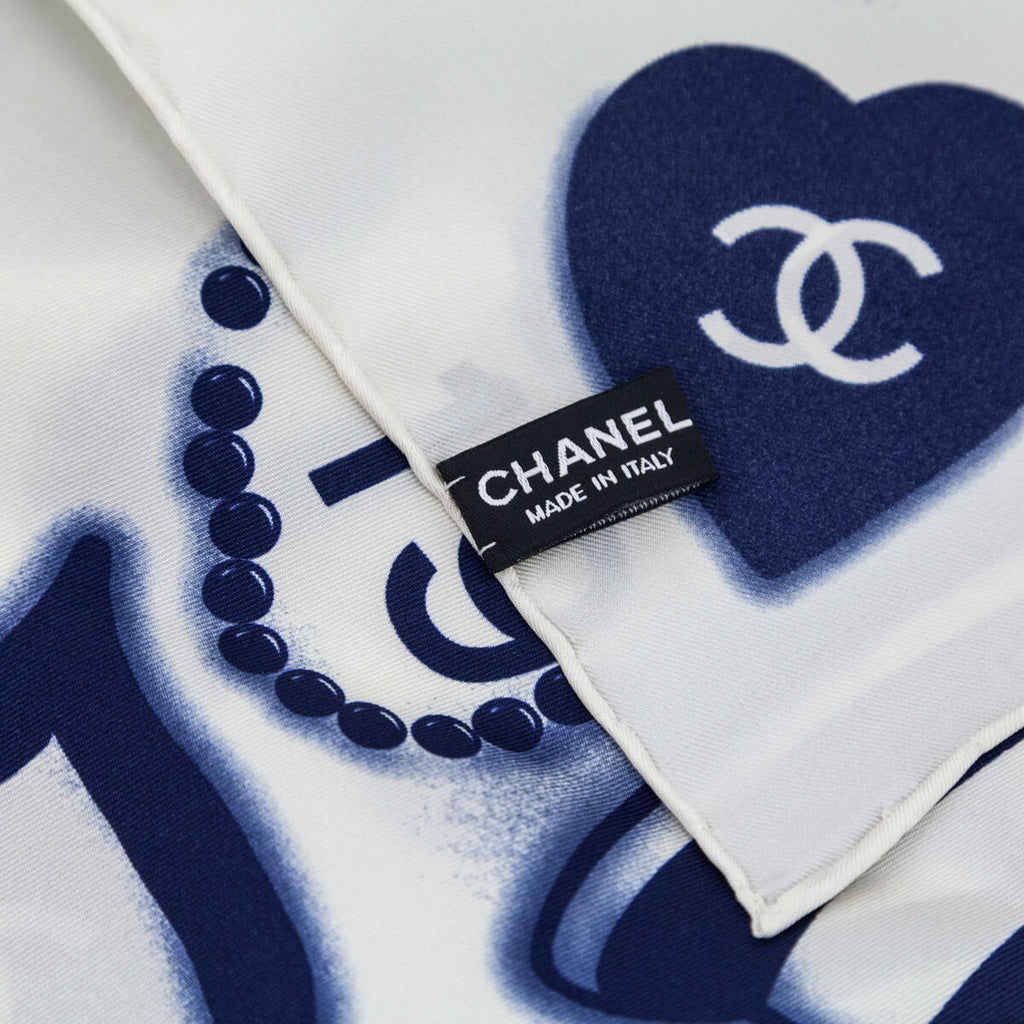 Chanel White & Blue Silk CC Icon Scarf