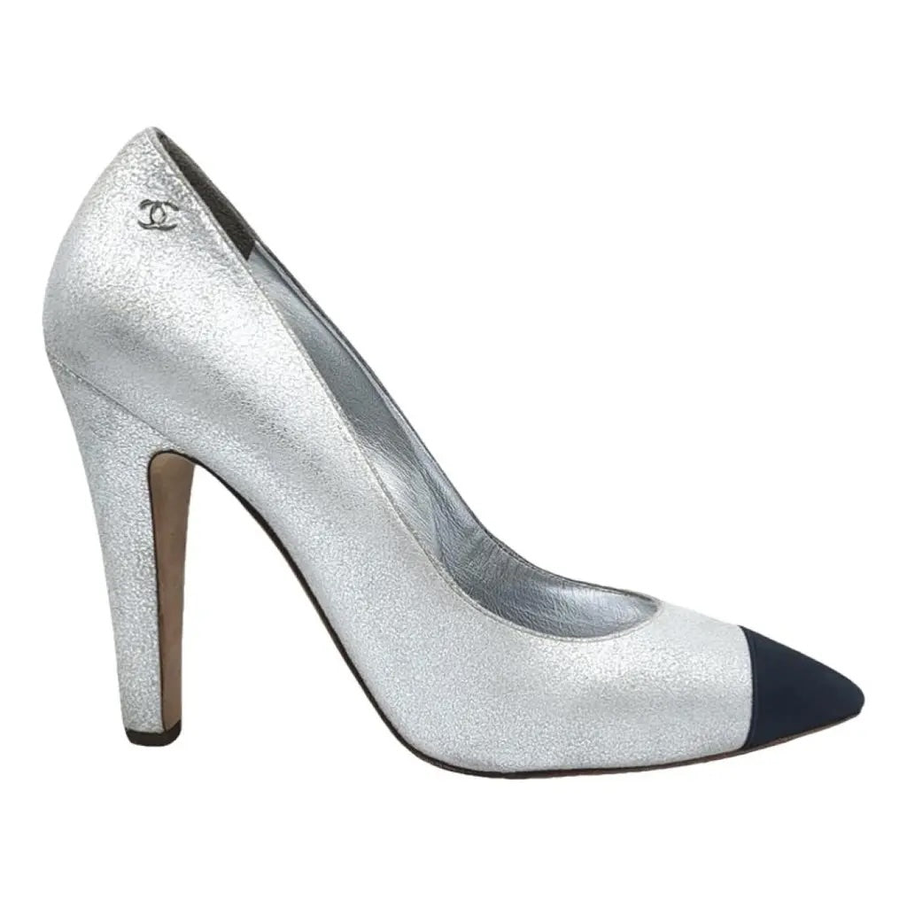 CHANEL METALLIC SILVER CC CAP TOE PUMPS
