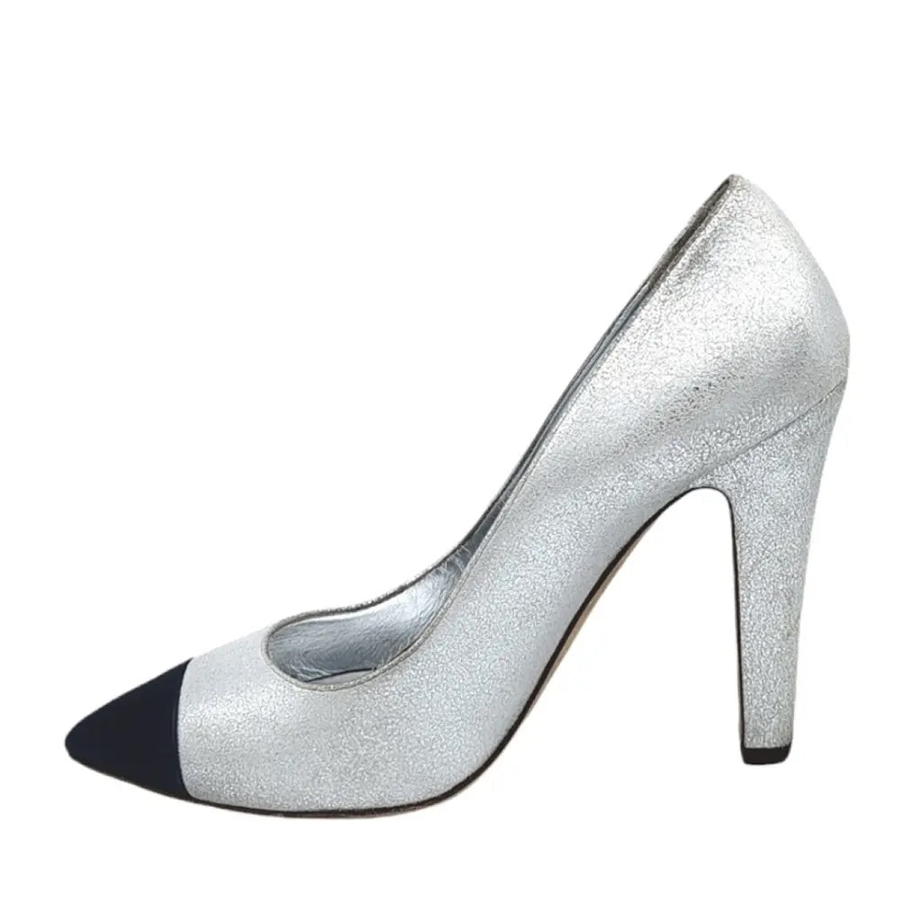 CHANEL METALLIC SILVER CC CAP TOE PUMPS