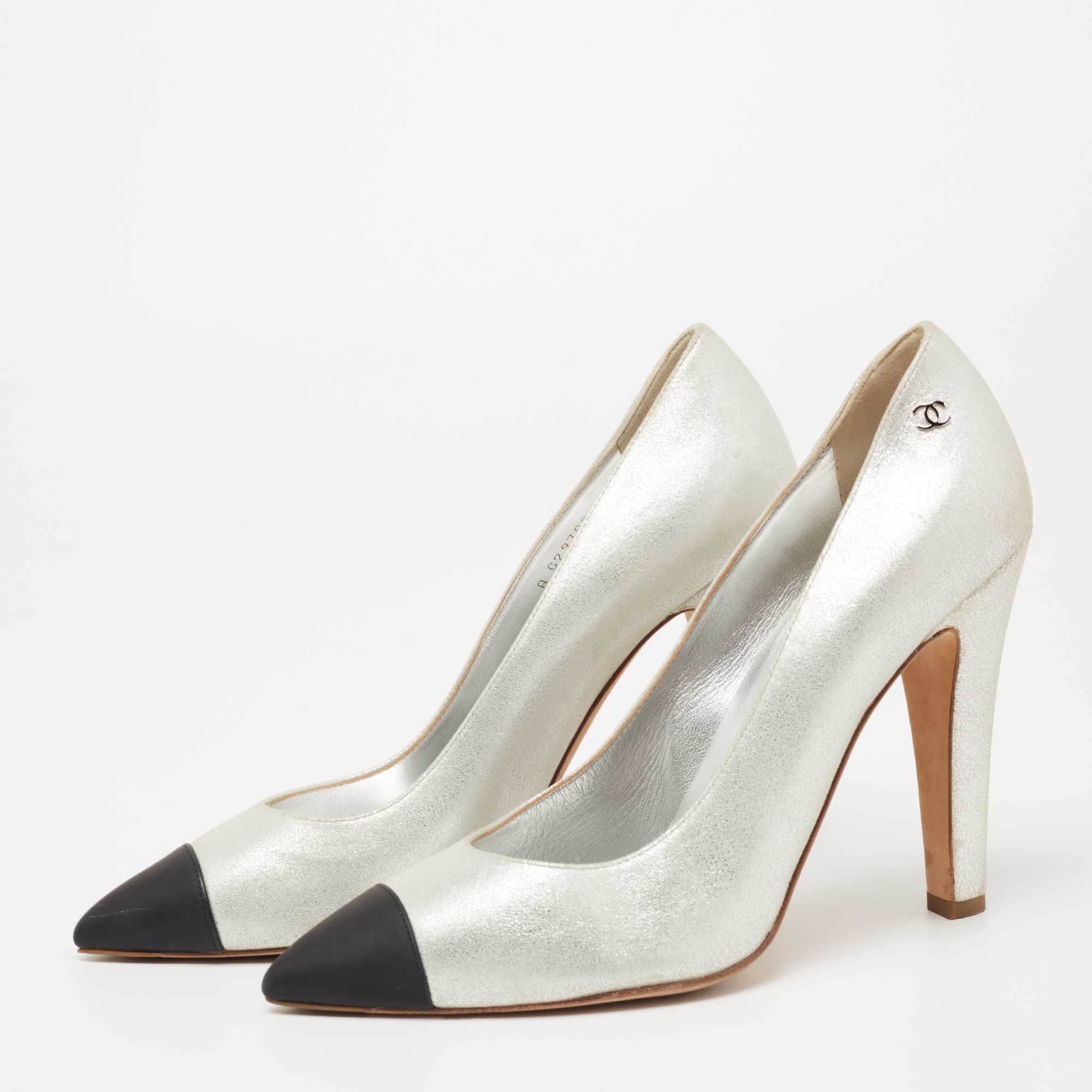 CHANEL METALLIC SILVER CC CAP TOE PUMPS