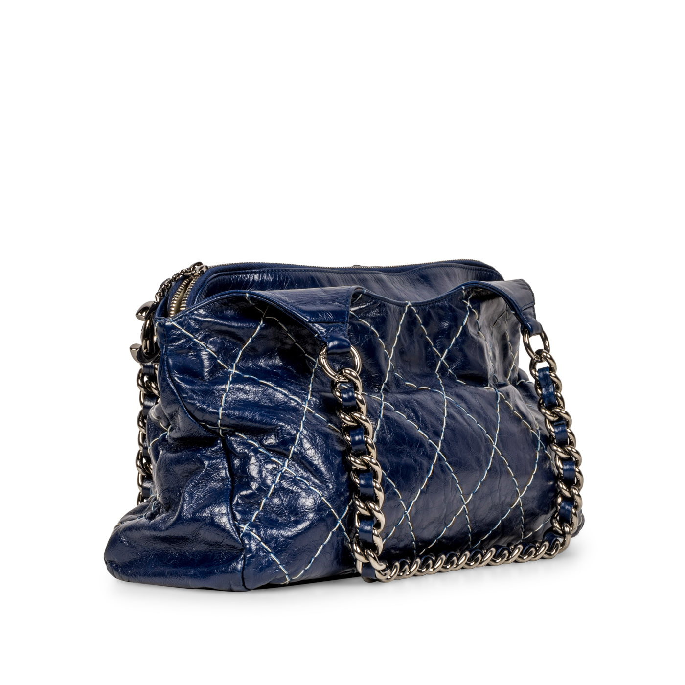 Chanel Blue Patent White Stitch Tote
