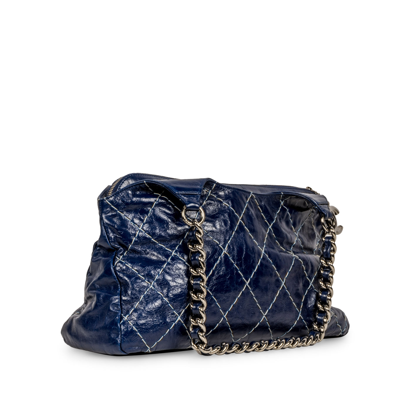 Chanel Blue Patent White Stitch Tote