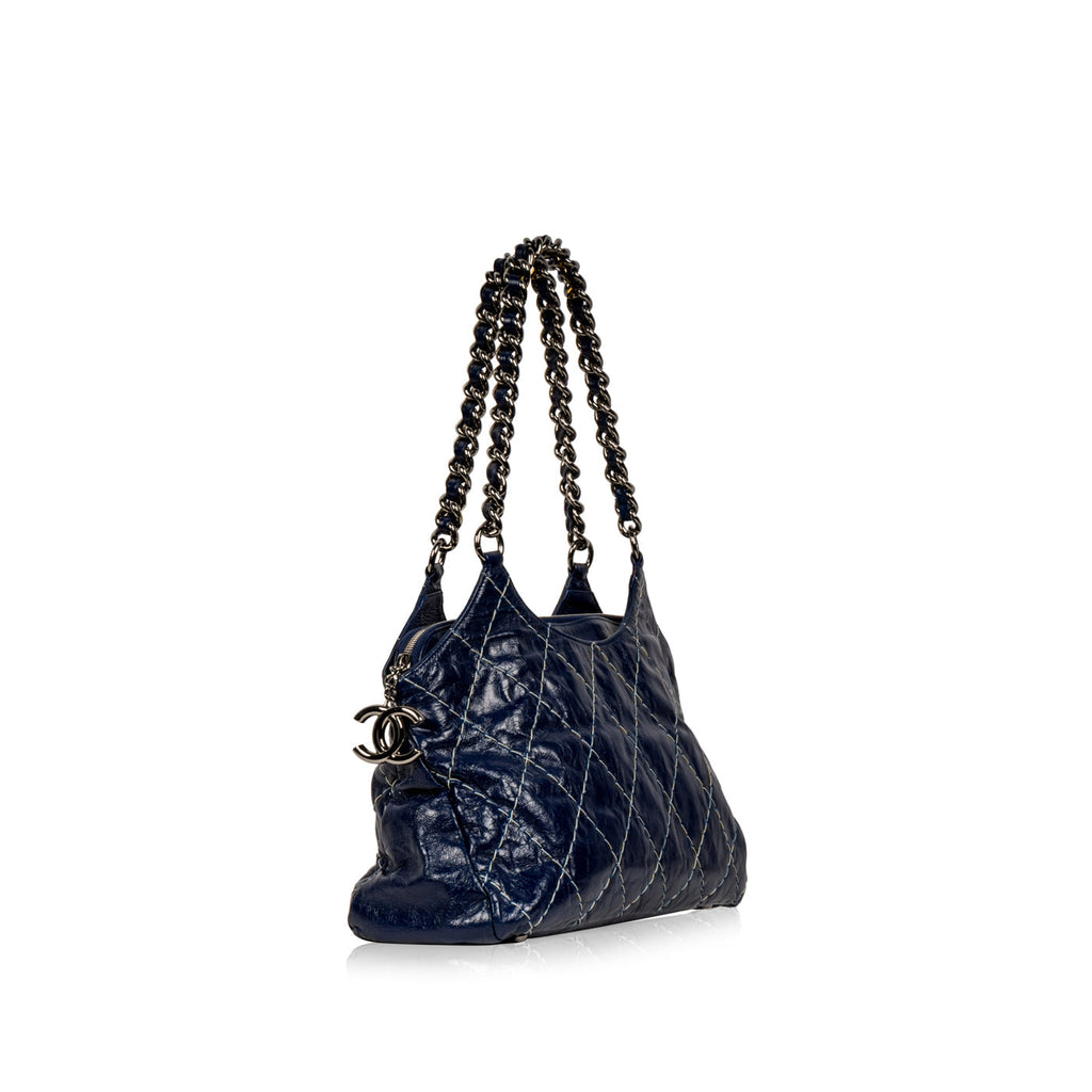 Chanel Blue Patent White Stitch Tote