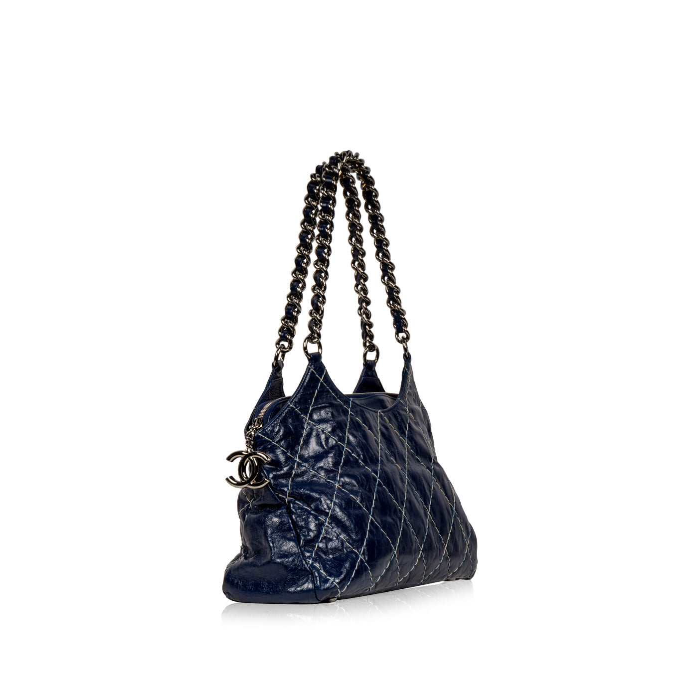 Chanel Blue Patent White Stitch Tote