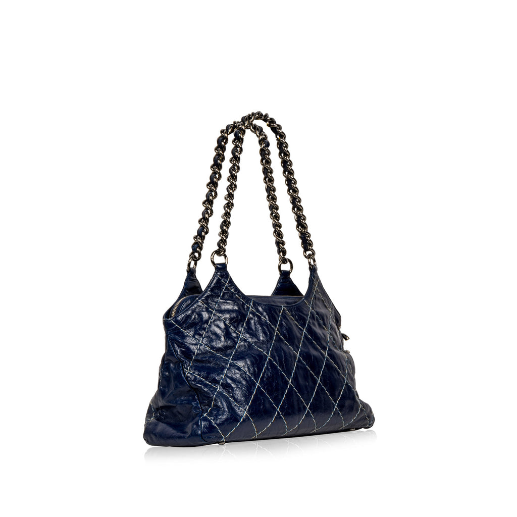 Chanel Blue Patent White Stitch Tote