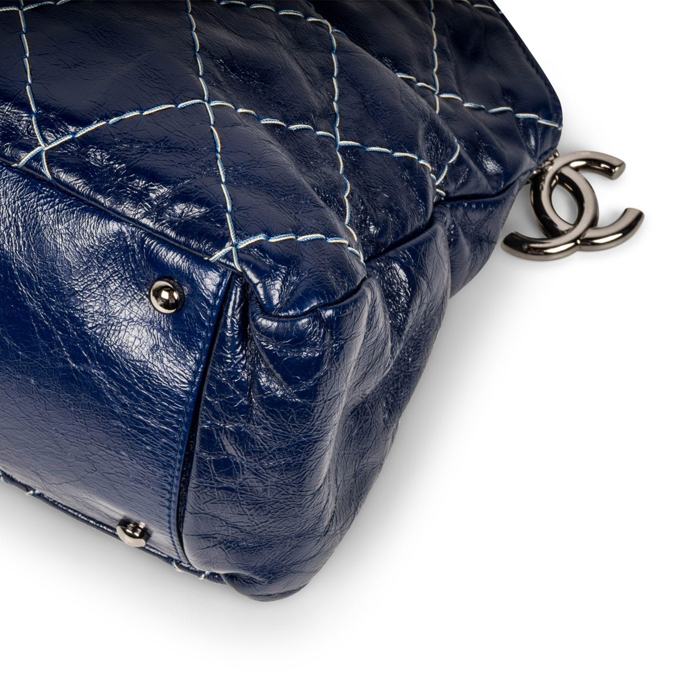 Chanel Blue Patent White Stitch Tote