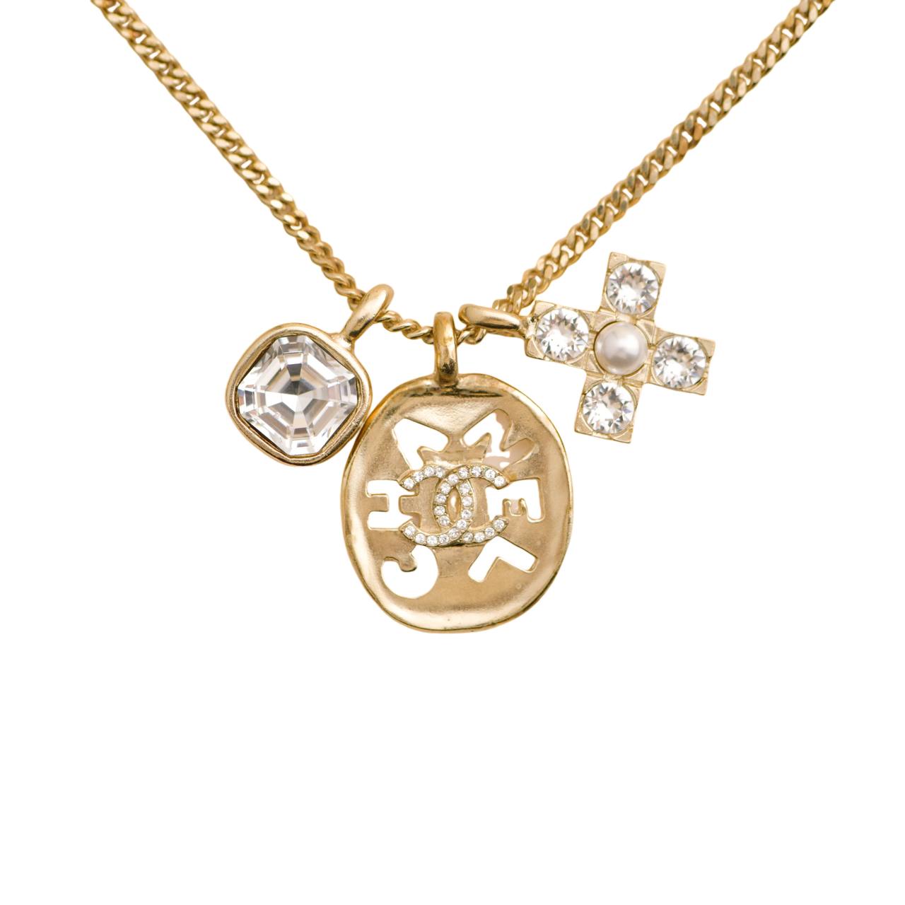 Chanel 2021 Multi Motif Crystal Gold Tone Pendant Necklace