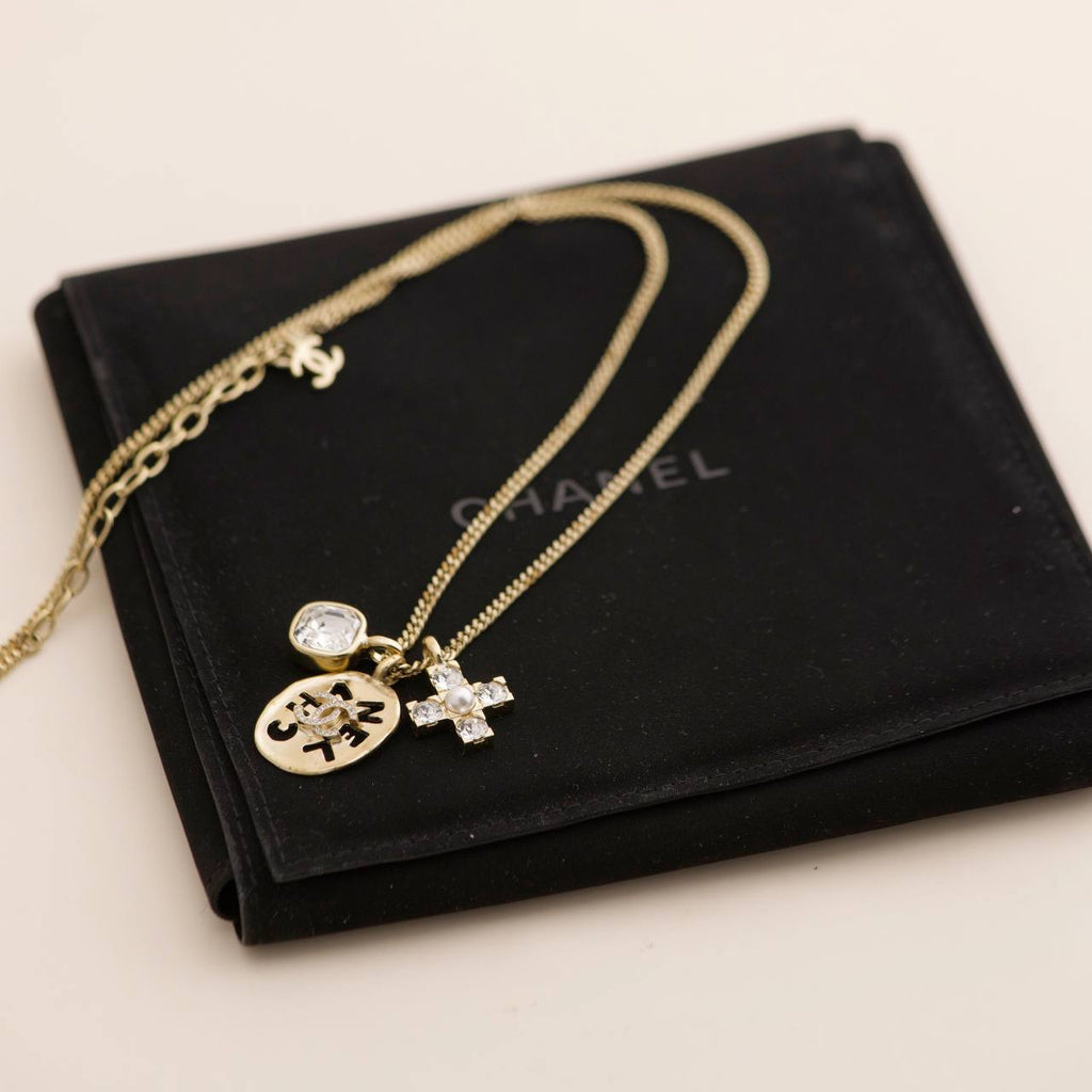 Chanel 2021 Multi Motif Crystal Gold Tone Pendant Necklace