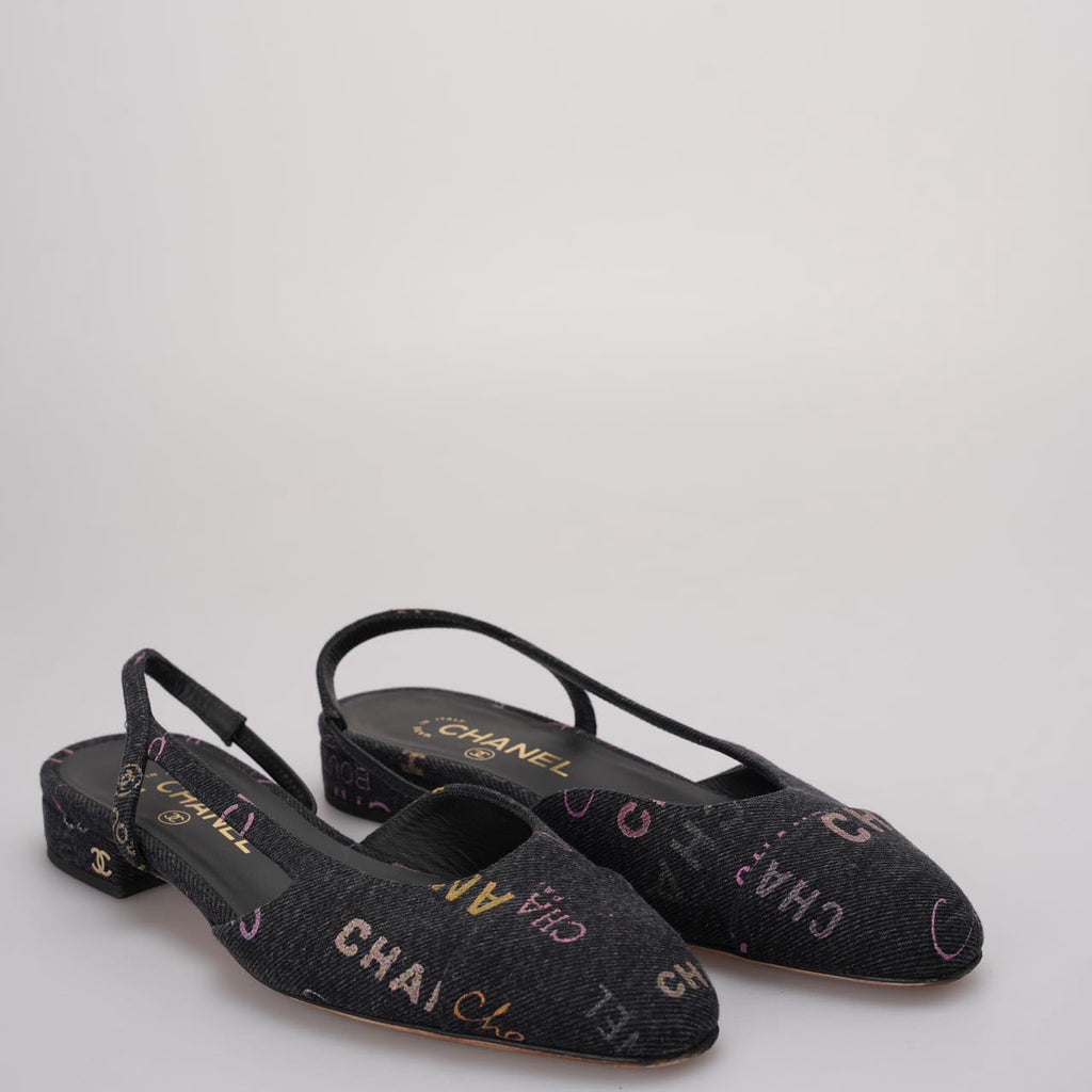 Chanel Black Denim Slingback Mademoiselle Coco Flat size 38