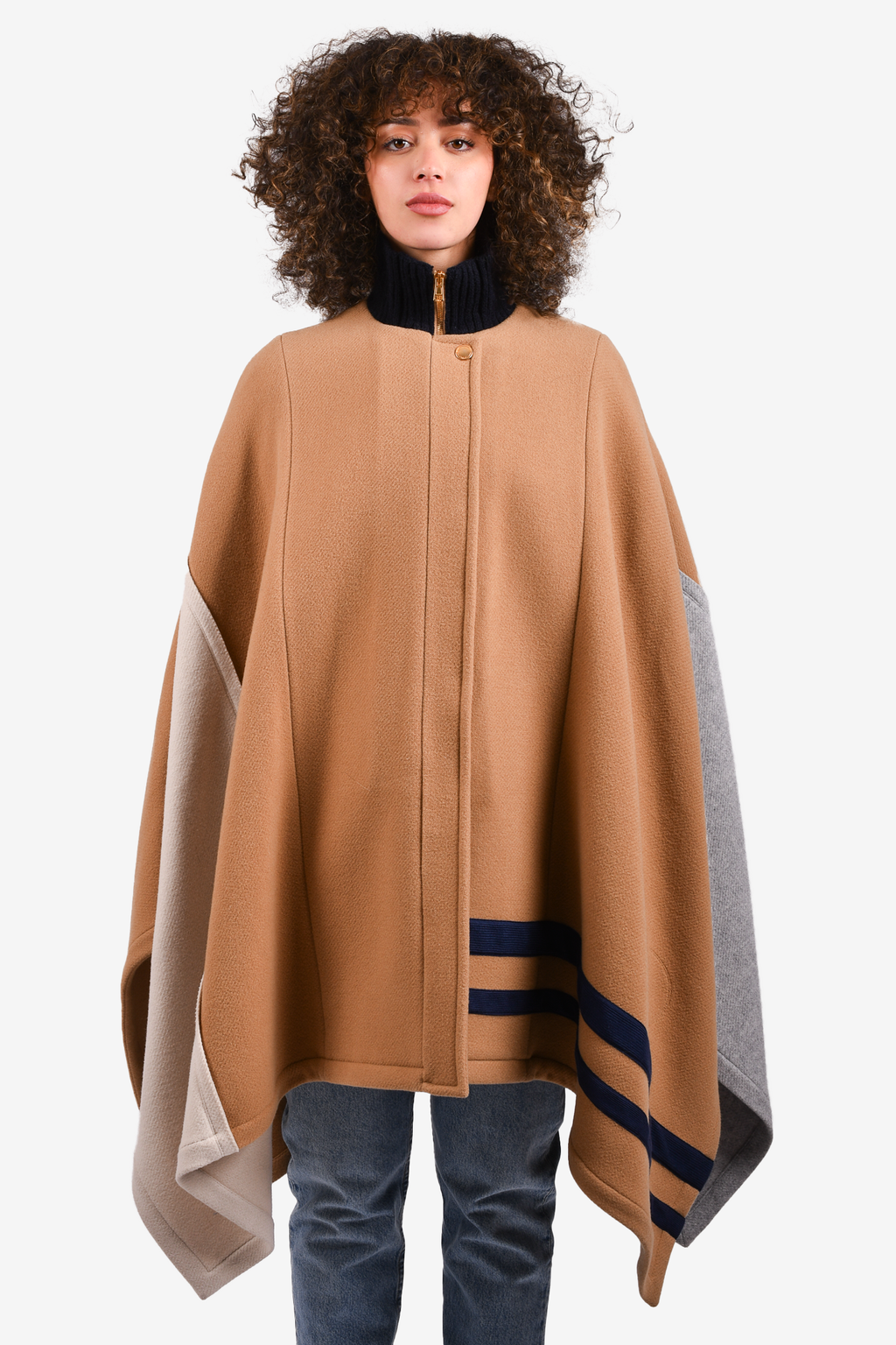 Chloe Beige/Navy Blue Striped Virgin Wool Zip-Up Cape Size 36