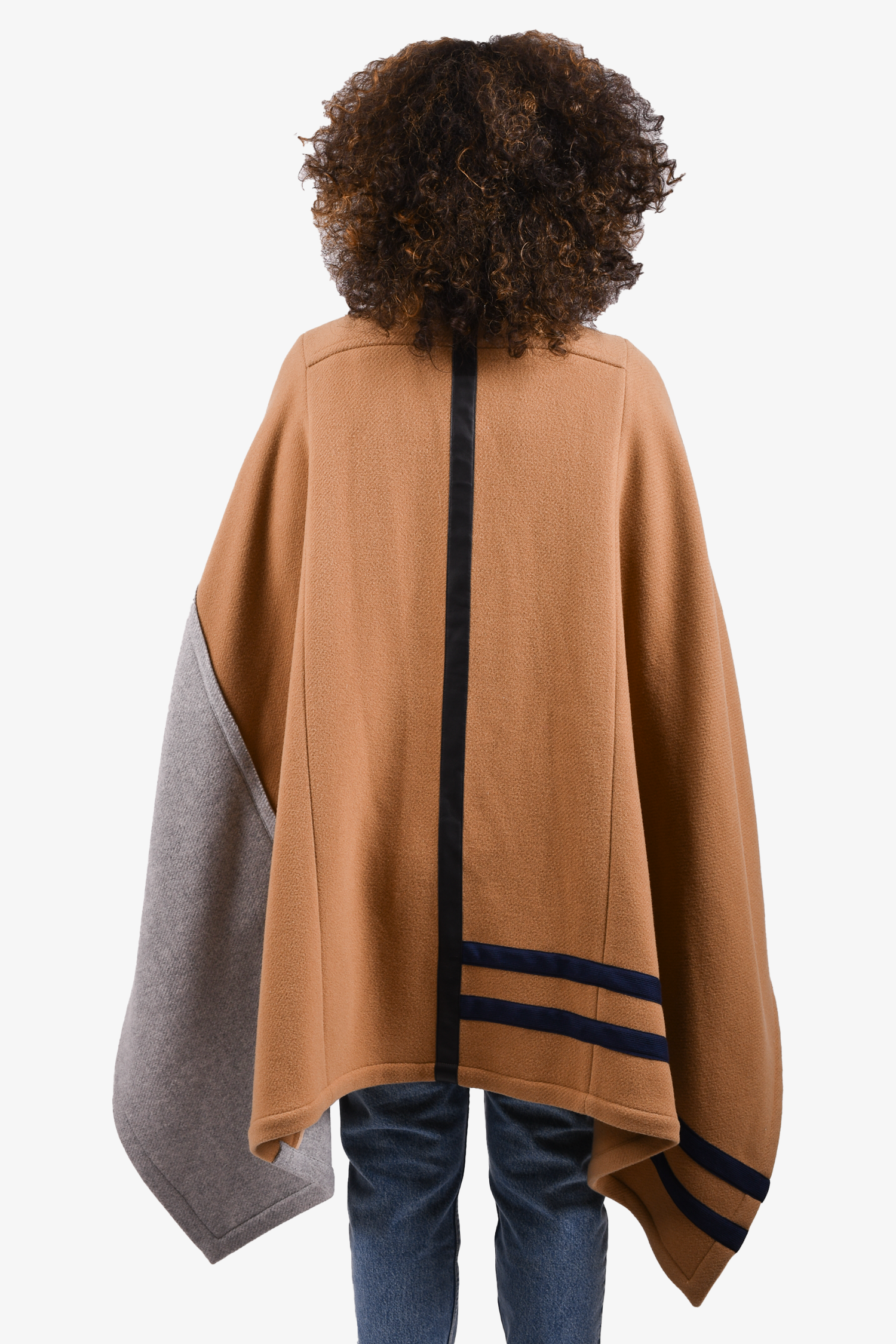 Chloe Beige/Navy Blue Striped Virgin Wool Zip-Up Cape Size 36